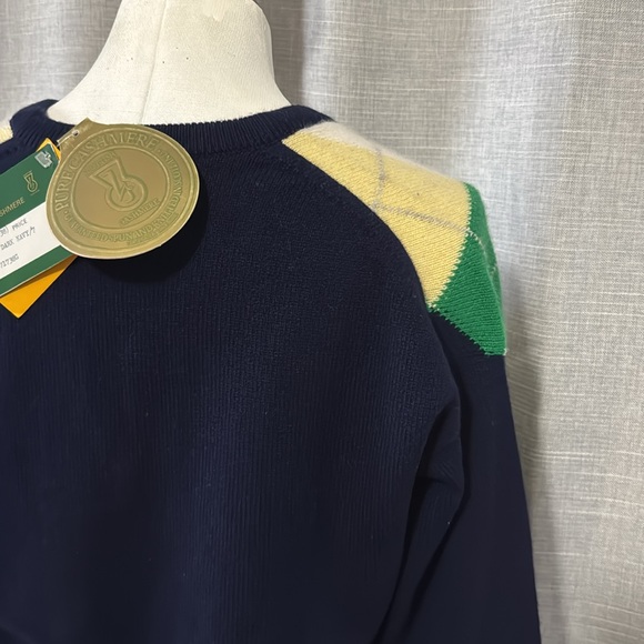 NWT Vintage Cashmere V-Neck Sweater-Wmns Euro 38-Navy Yellow Green Argyle Print - Picture 11 of 16